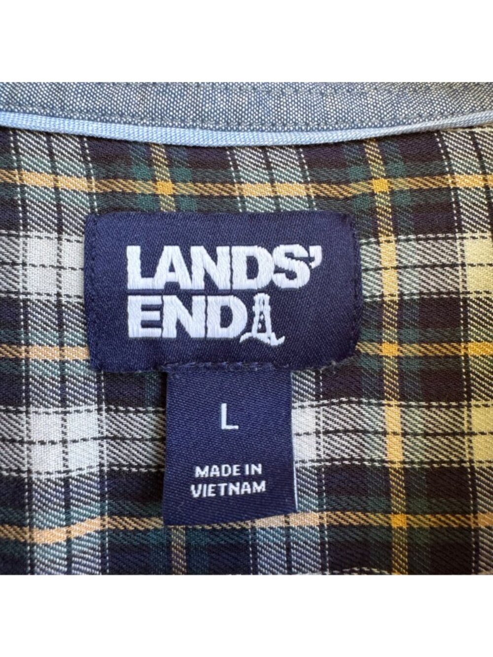 Lands End Mens Plaid Button-Up Shirt Black Yellow L Long Sleeve Cotton Blend - Picture 2 of 16
